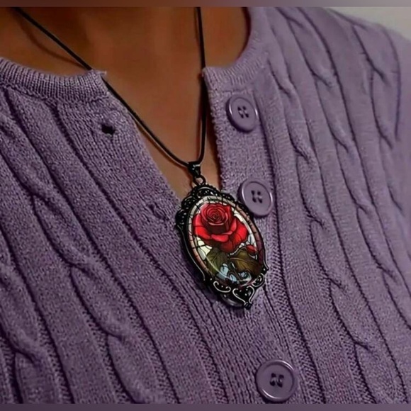 Elegant Red Rose in Vintage Black Frame Pendant Necklace - Picture 3 of 5
